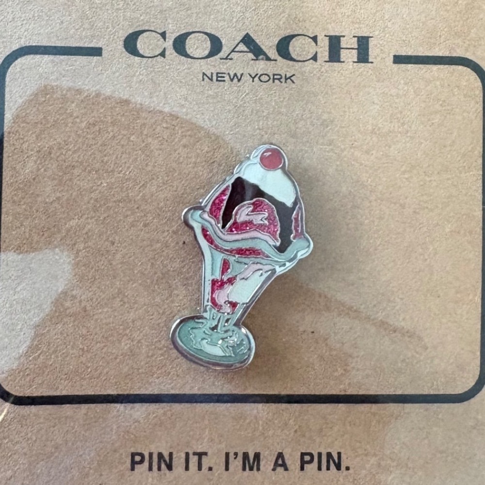 Coach Ice Cream Sundae Enamel Pin Unisex Accessory Pink Silver Glitter New Cute